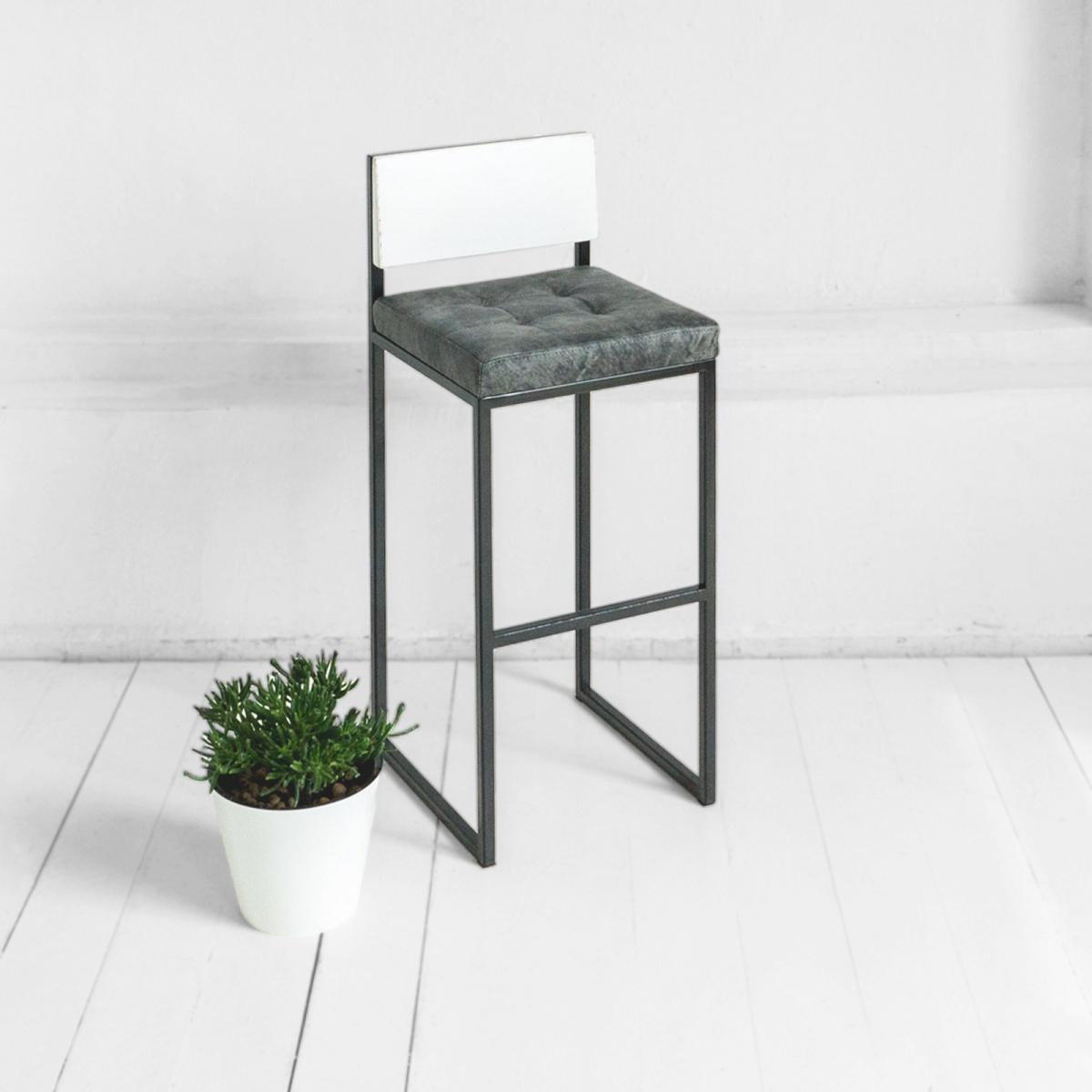 Барный стул шоколад с серой кожей со спинкой в белом цвете с серым металлом archpole